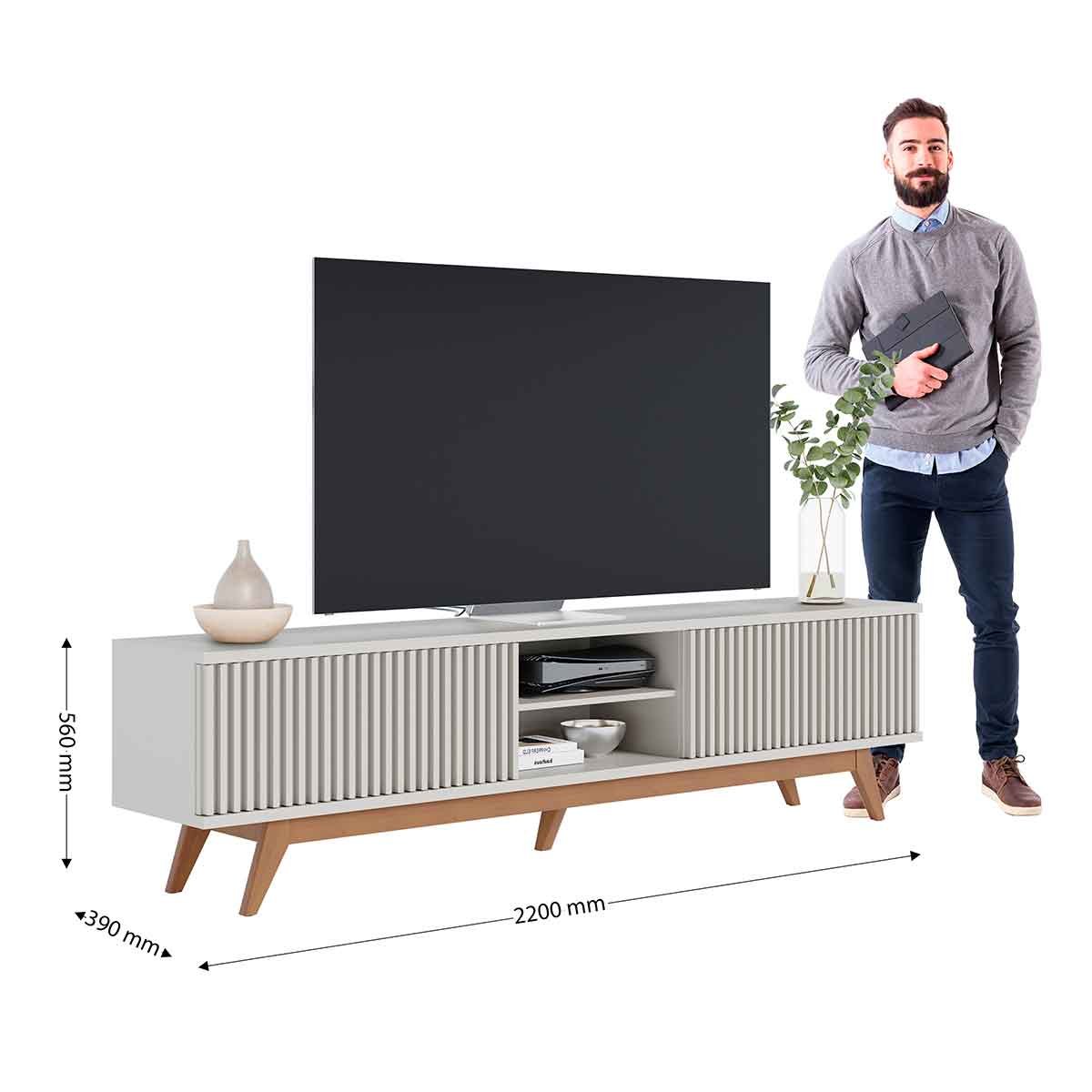 Rack Bancada Bastião 4 Portas MDP Para TV até 75" Polegadas Off White Matte