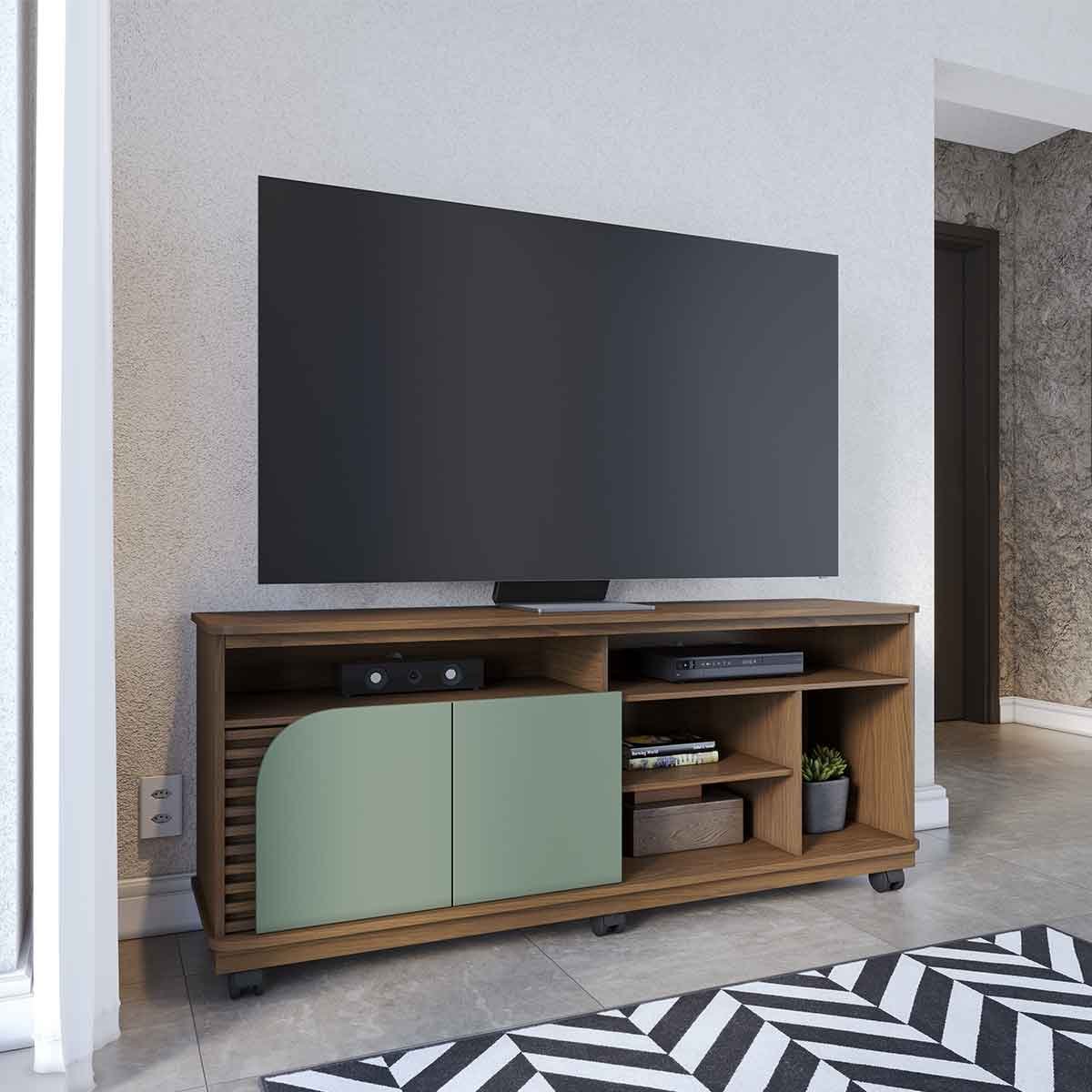 Rack Bancada Jureli 2 Portas 5 Nichos TV até 65" Polegadas Amêndoa / Hortelã