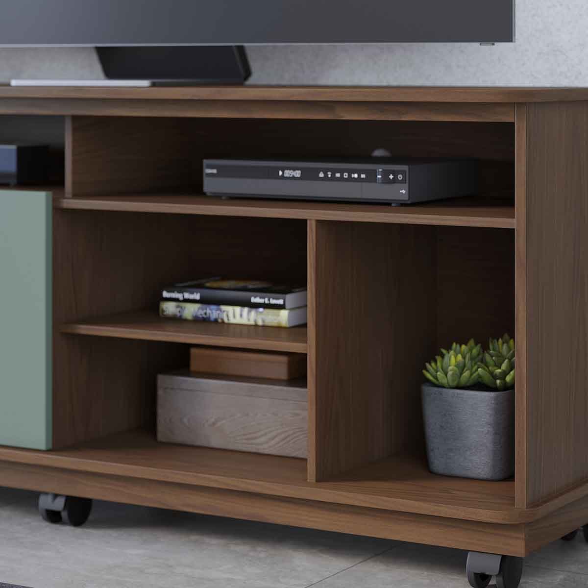 Rack Bancada Jureli 2 Portas 5 Nichos TV até 65" Polegadas Amêndoa / Hortelã