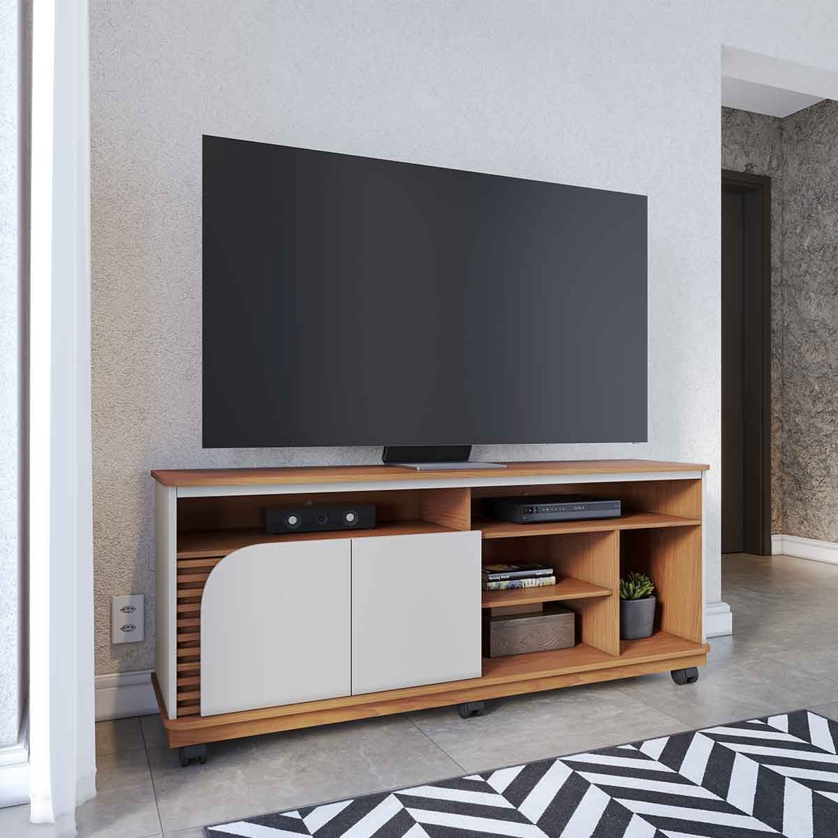 Rack Bancada Jureli 2 Portas 5 Nichos TV até 65" Polegadas Freijó / Off White Matte