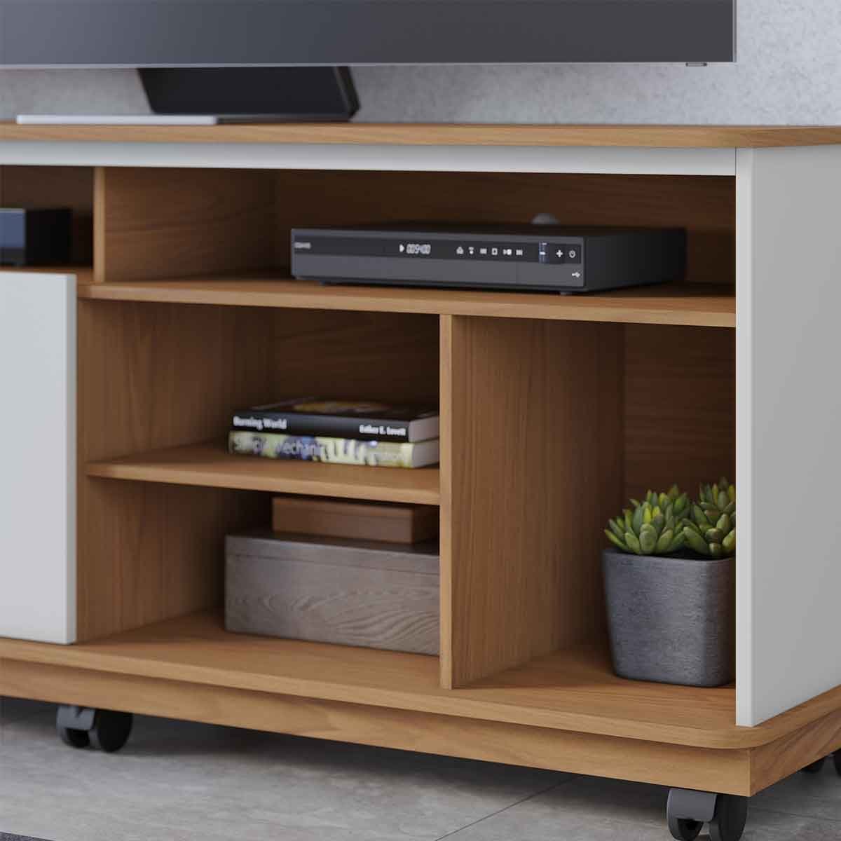 Rack Bancada Jureli 2 Portas 5 Nichos TV até 65" Polegadas Freijó / Off White Matte