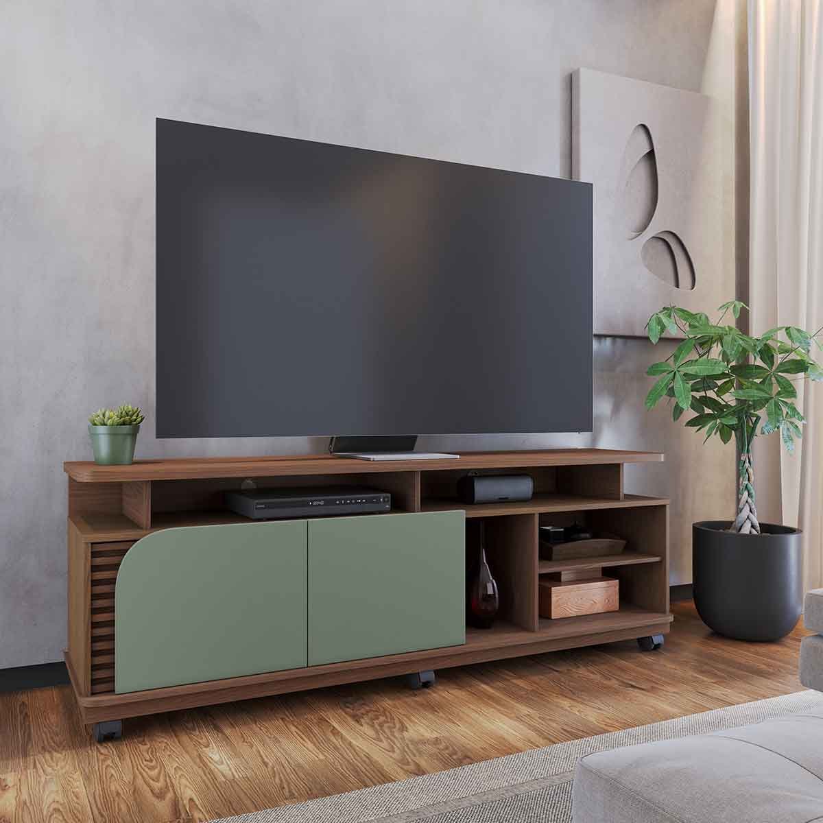 Rack Bancada Jureli 2 Portas 5 Nichos TV até 75" Polegadas Amêndoa / Hortelã