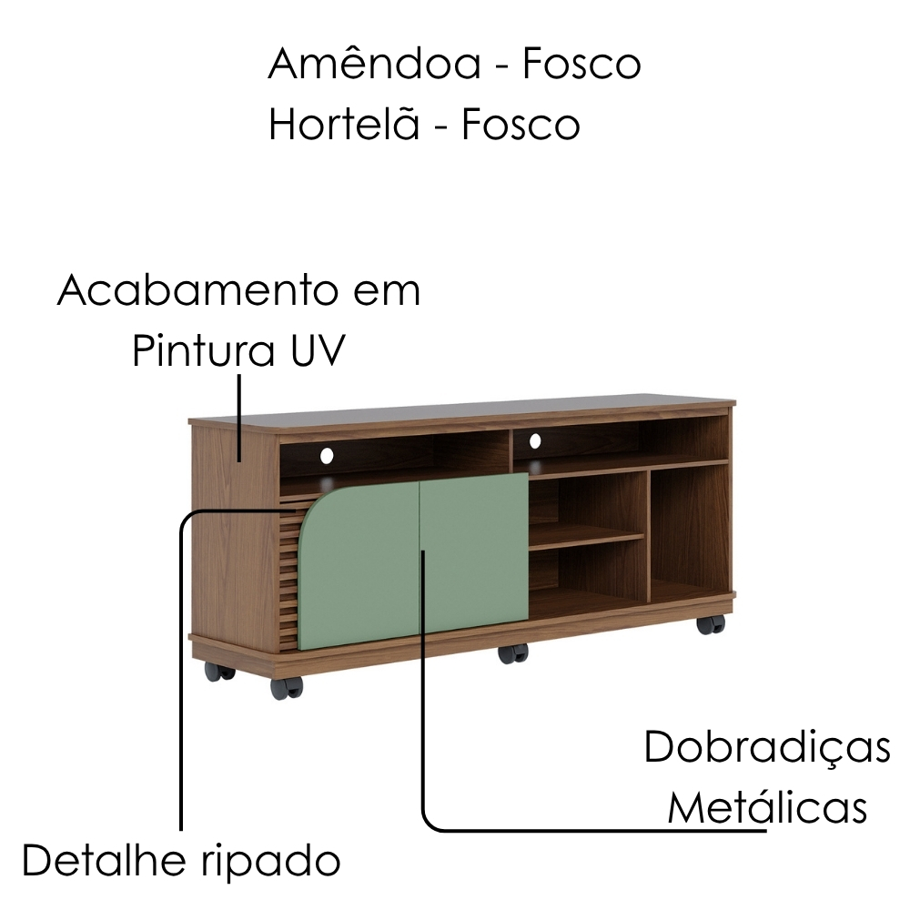 Rack Bancada Tv 65 Pol 150 cm Jurere Amendoa Hortela Colibri
