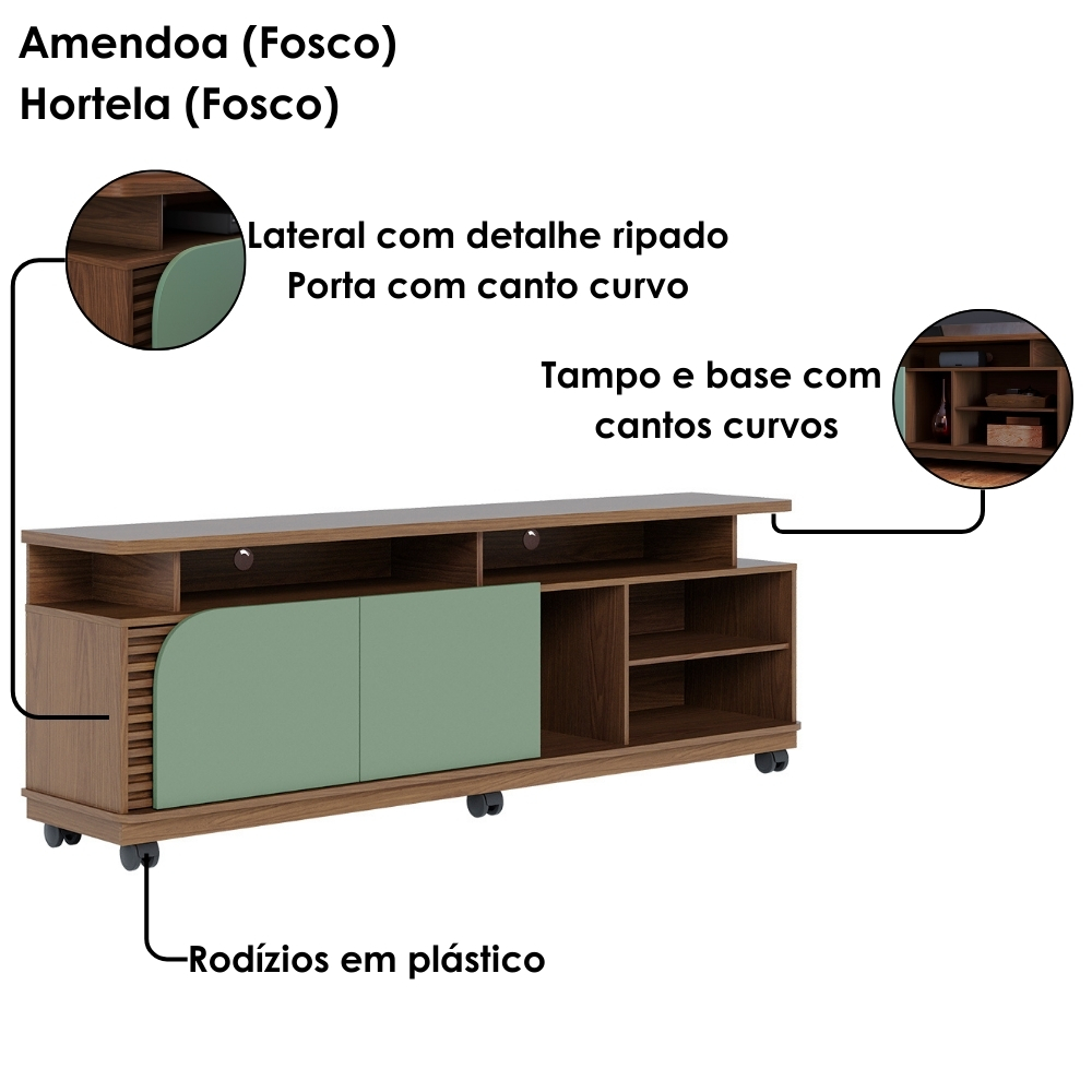 Rack Bancada Tv 75 Pol 180 cm Jurere Amendoa Hortela Colibri