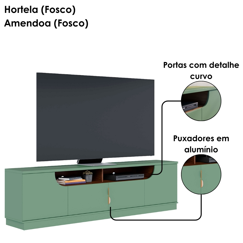 Rack Bancada Tv 75 Pol 200 cm 4 Portas Santorini Hortela Amendoa Colibri