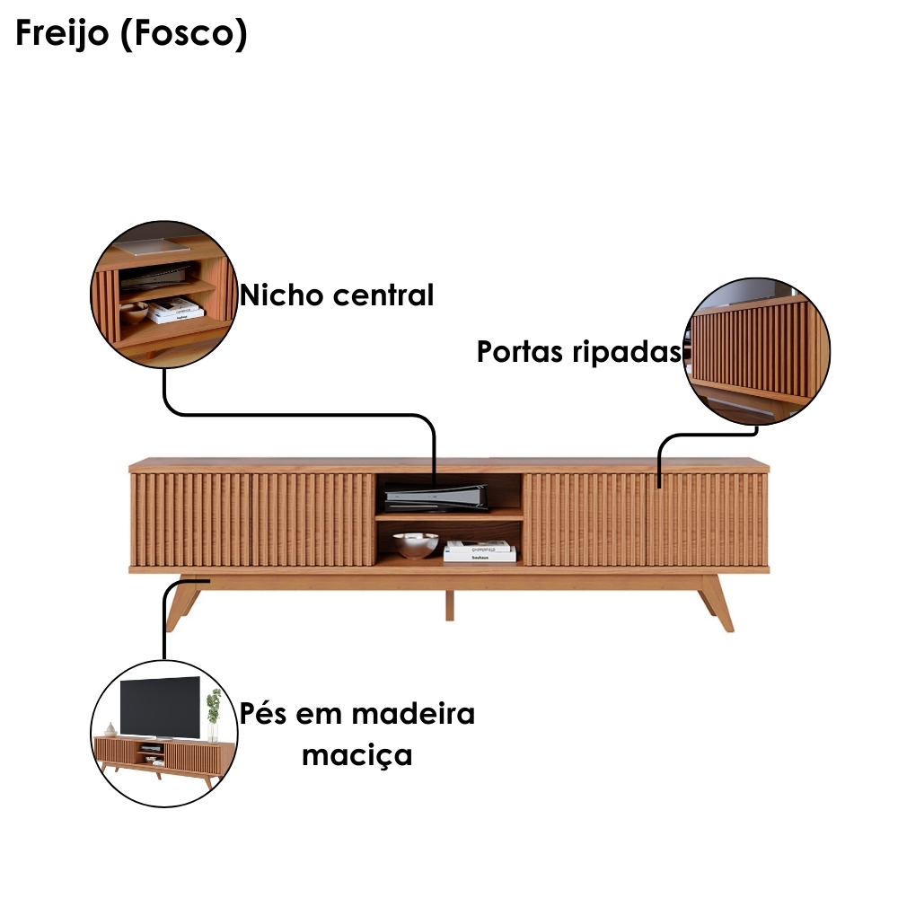 Rack Bancada Tv 75 Pol 218 cm 4 Portas Fortaleza Freijo Colibri