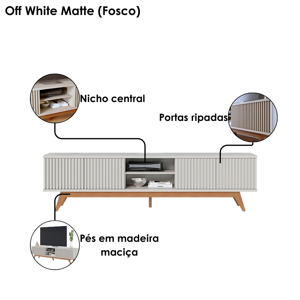 Rack Bancada Tv 75 Pol 218 cm 4 Portas Fortaleza Off White Matte Colibri
