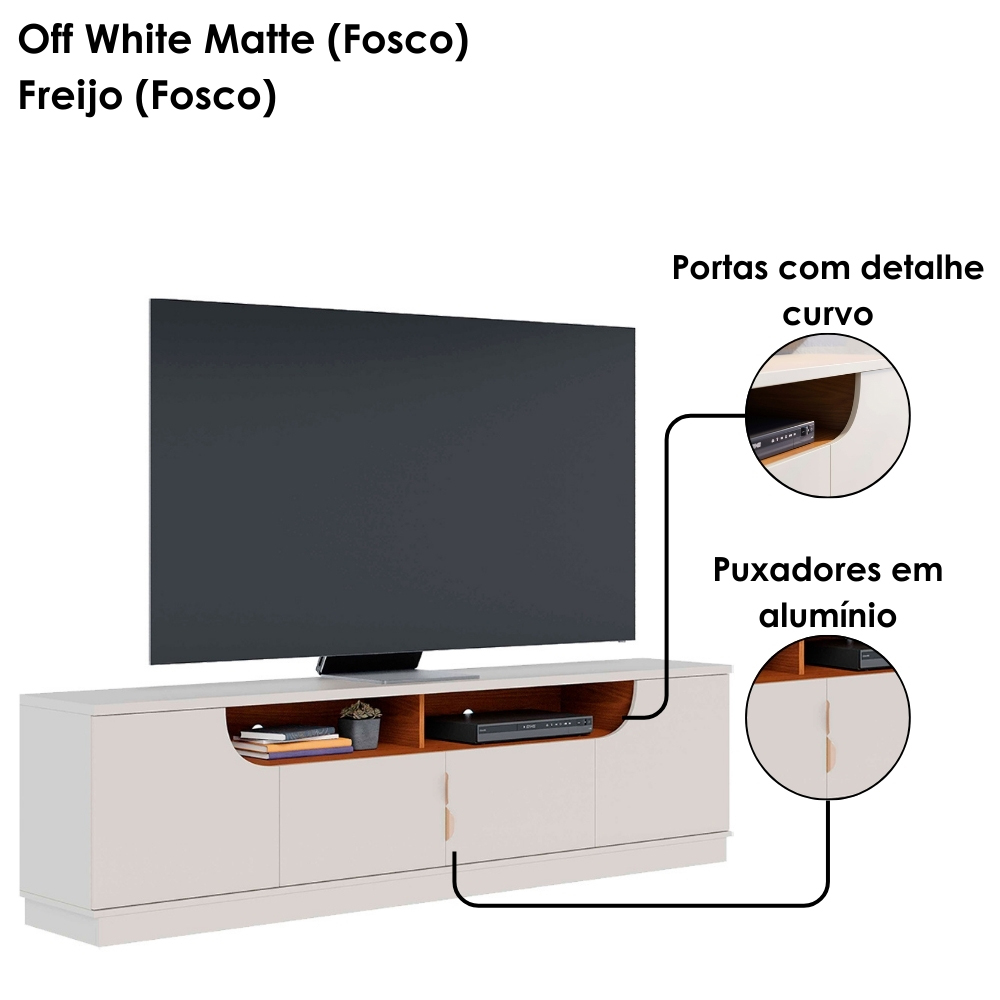 Rack Santorini e Painel Nilo Tv 75 Pol 200 cm Off White Matte Freijo Colibri