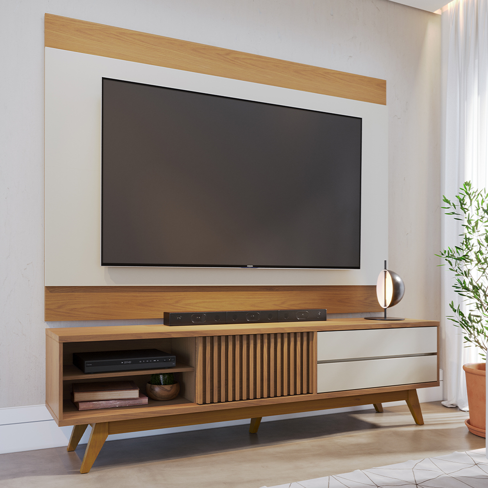 Rack Veneza e Painel Nilo Tv 75 Pol 200 cm Freijo Off White Matte Colibri