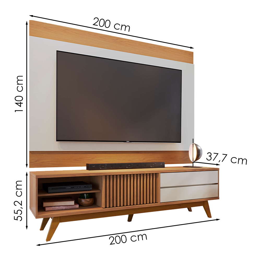 Rack Veneza e Painel Nilo Tv 75 Pol 200 cm Freijo Off White Matte Colibri