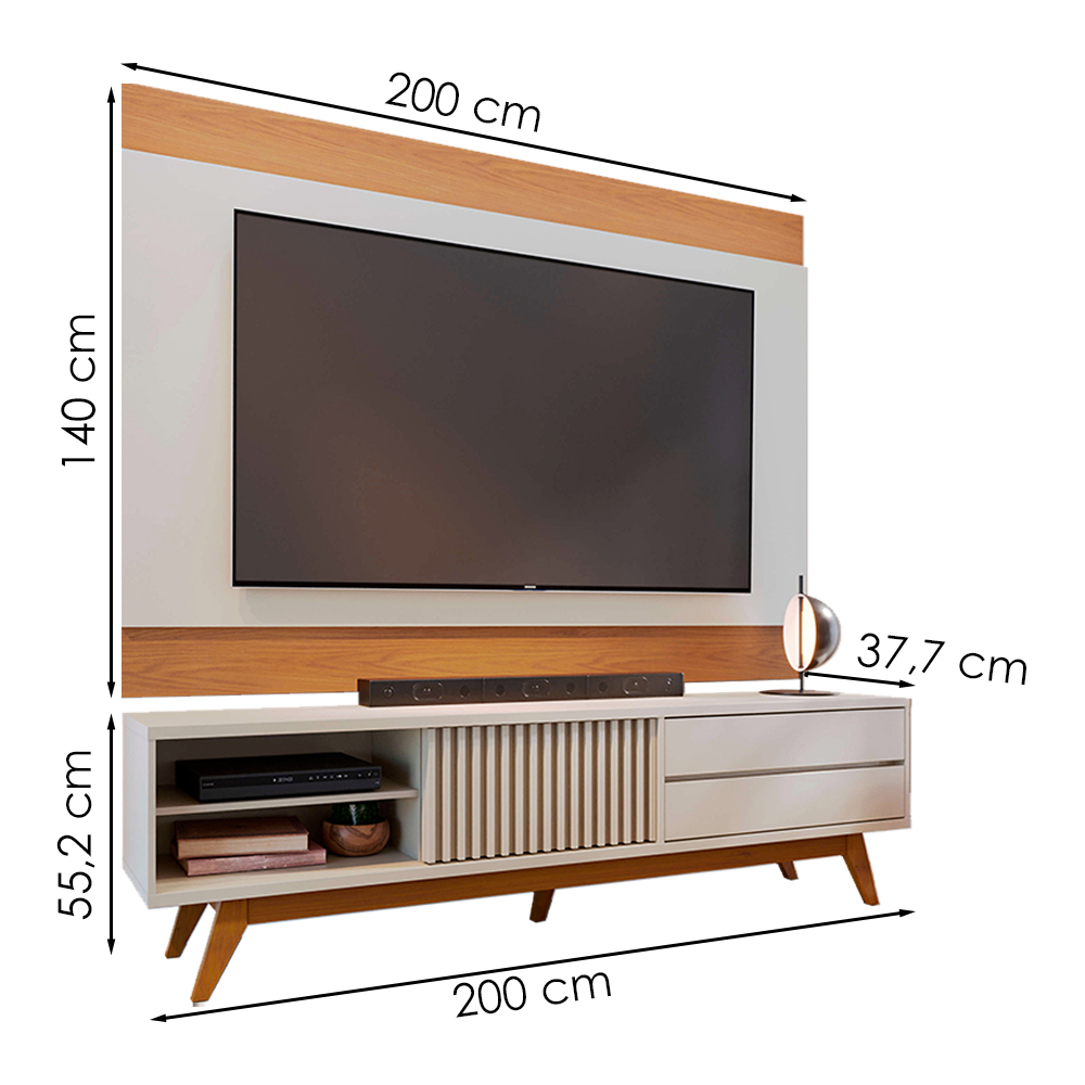 Rack Veneza e Painel Nilo Tv 75 Pol 200 cm Off White Matte Freijo Colibri