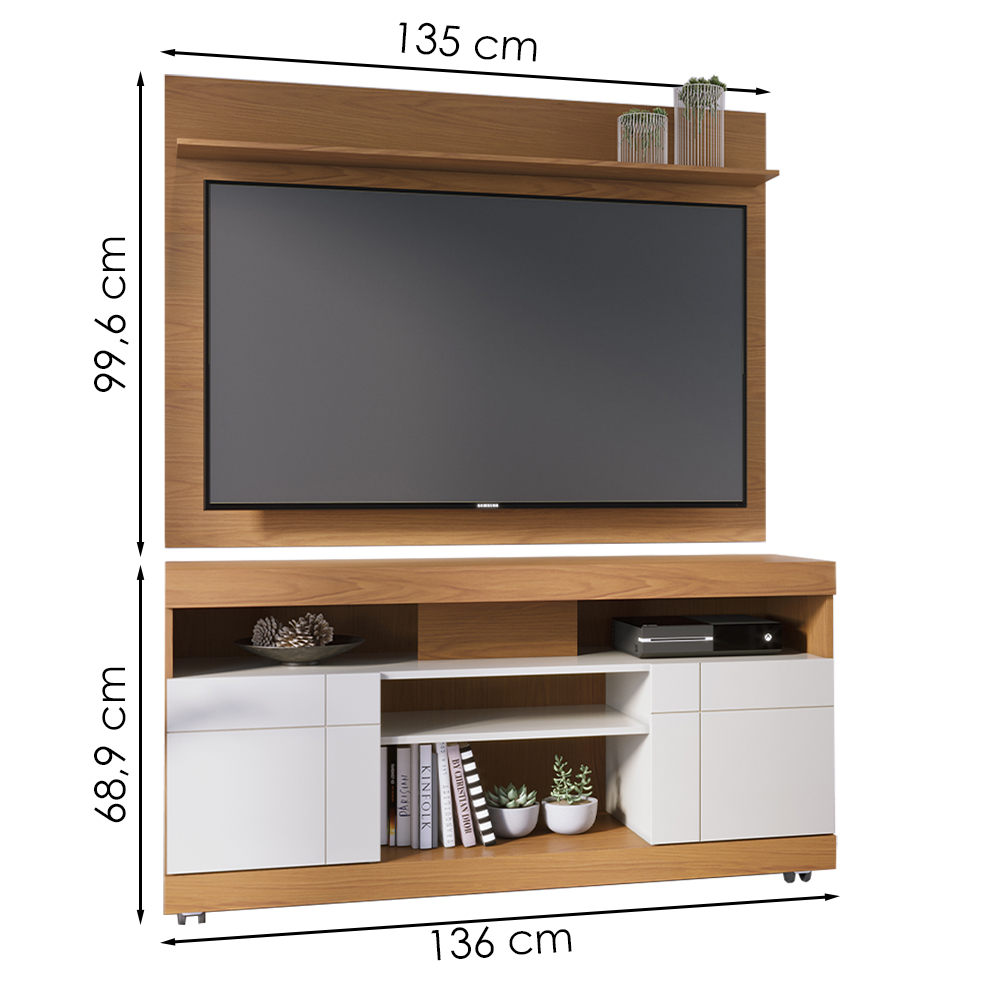 Rack Yara e Painel Maia Tv 55 Pol 136 cm 5016 Freijo Off White Colibri