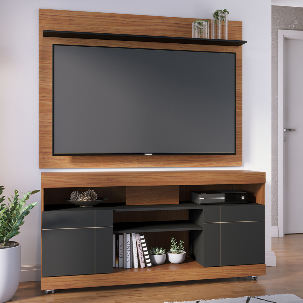 Rack Yara e Painel Maia Tv 55 Pol 136 cm 5016 Noce Milano Preto Colibri