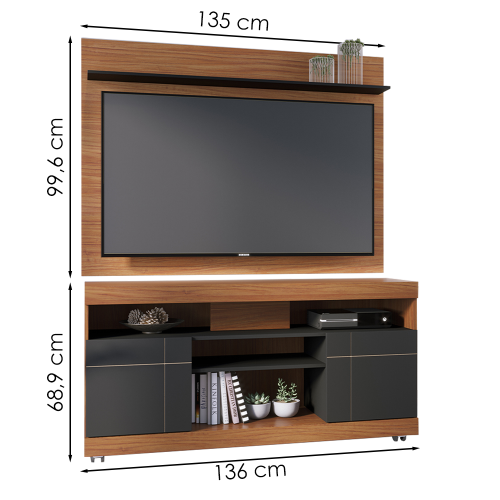 Rack Yara e Painel Maia Tv 55 Pol 136 cm 5016 Noce Milano Preto Colibri