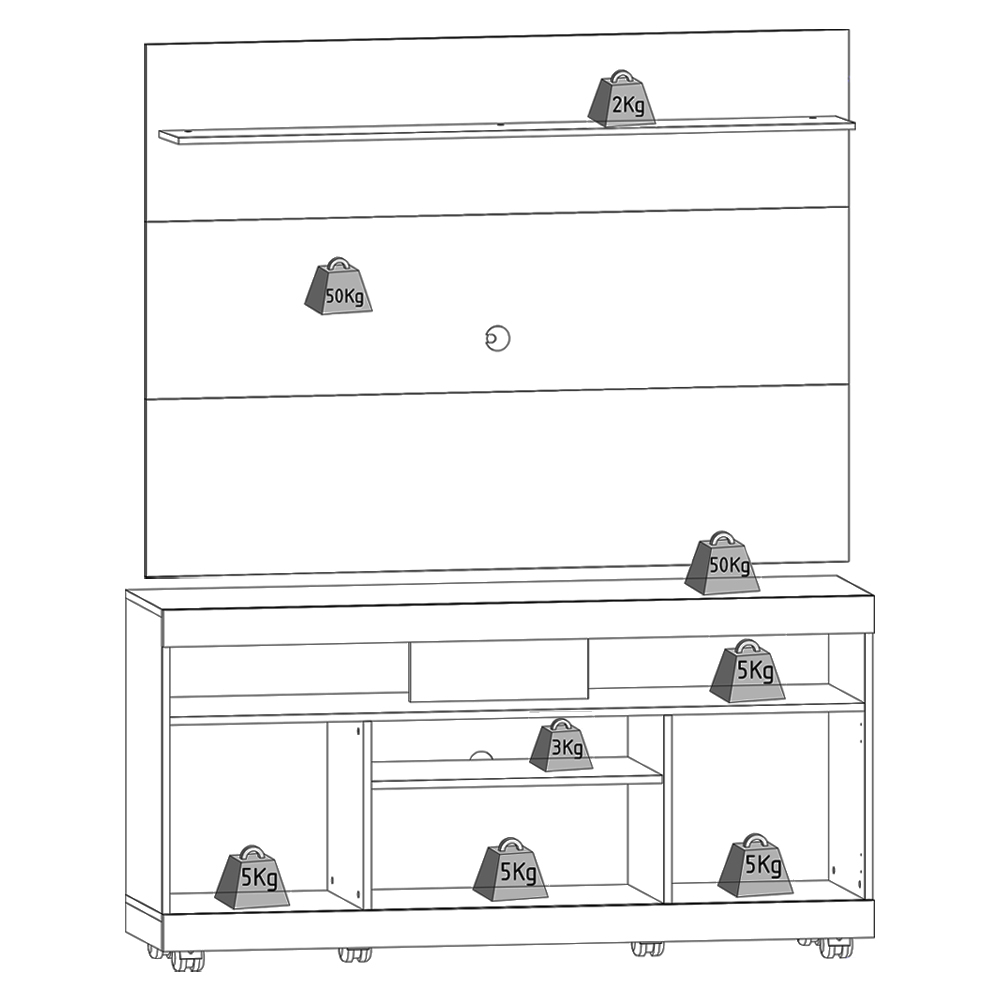 Rack Yara e Painel Maia Tv 55 Pol 136 cm 5016 Noce Milano Preto Colibri