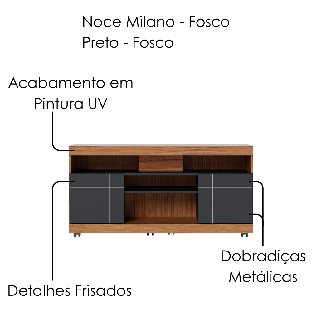 Rack Yara e Painel Maia Tv 55 Pol 136 cm 5016 Noce Milano Preto Colibri
