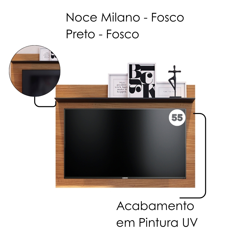 Rack Yara e Painel Maia Tv 55 Pol 136 cm 5016 Noce Milano Preto Colibri
