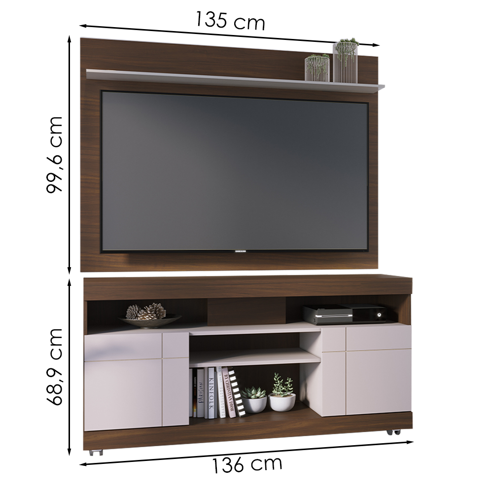 Rack Yara e Painel Maia Tv 55 Pol 136 cm 5016 Nogueira Real Off White Colibri