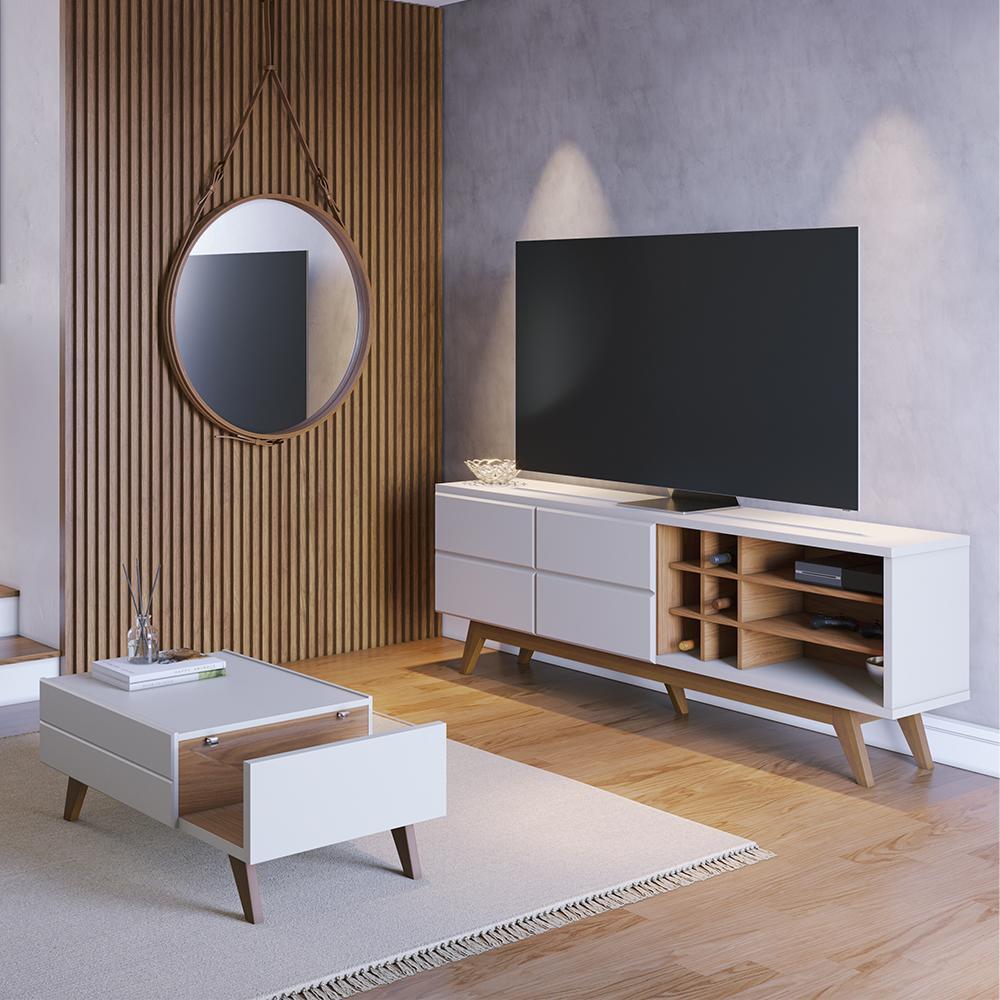 Sala de Estar Noronha Rack Bancada e Mesa de Centro Off White Matte/Freijó - Colibri