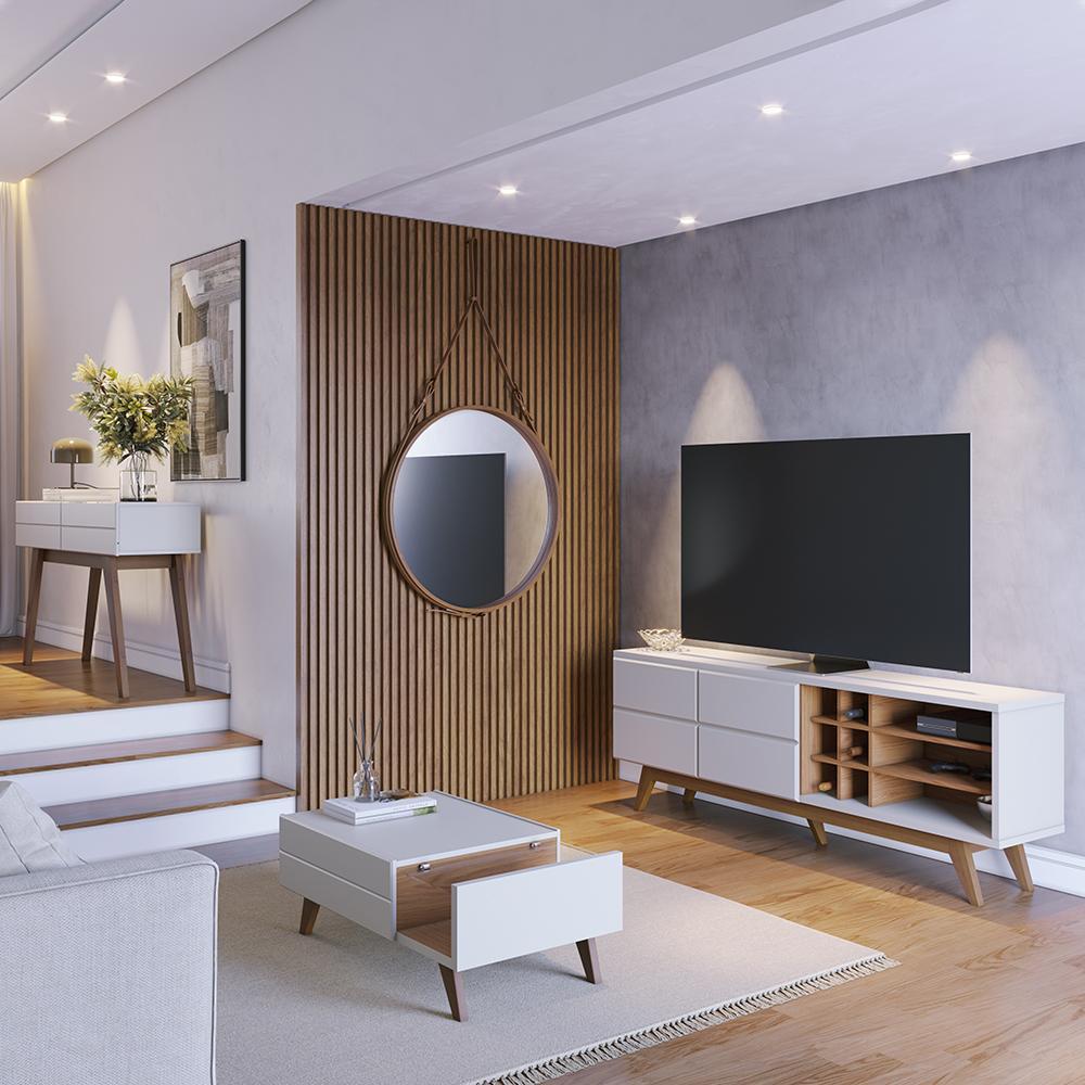 Sala de Estar Noronha Rack Bancada, Aparador e Mesa de Centro Off White Matte/Freijó - Colibri