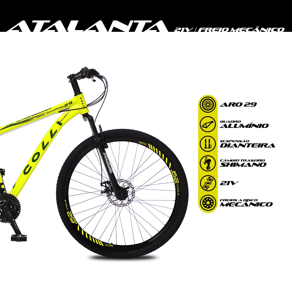 Bicicleta Atalanta Aro 29 Alumínio 21v Câmbio Tras. Shimano Freio Mecânico Amarelo Neon - Colli Bike