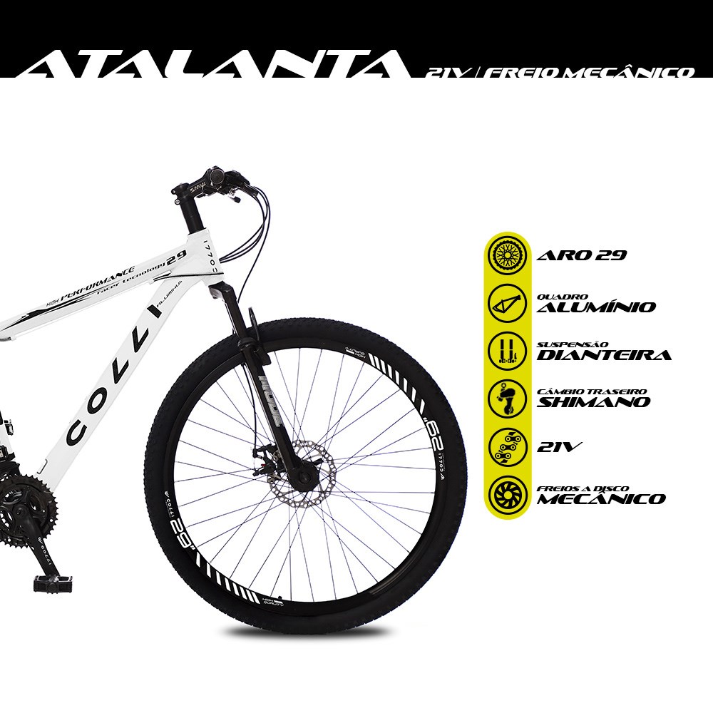 Bicicleta Atalanta Aro 29 Alumínio 21v Câmbio Traseiro Shimano Freio Mecânico Branco - Colli Bike