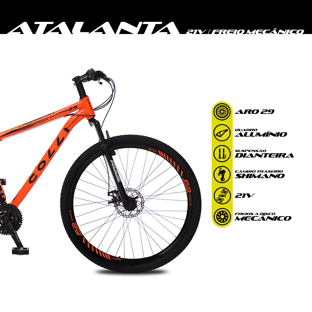 Bicicleta Atalanta Aro 29 Alumínio 21v Câmbio Traseiro Shimano Freio Mecânico Laranja - Colli Bike