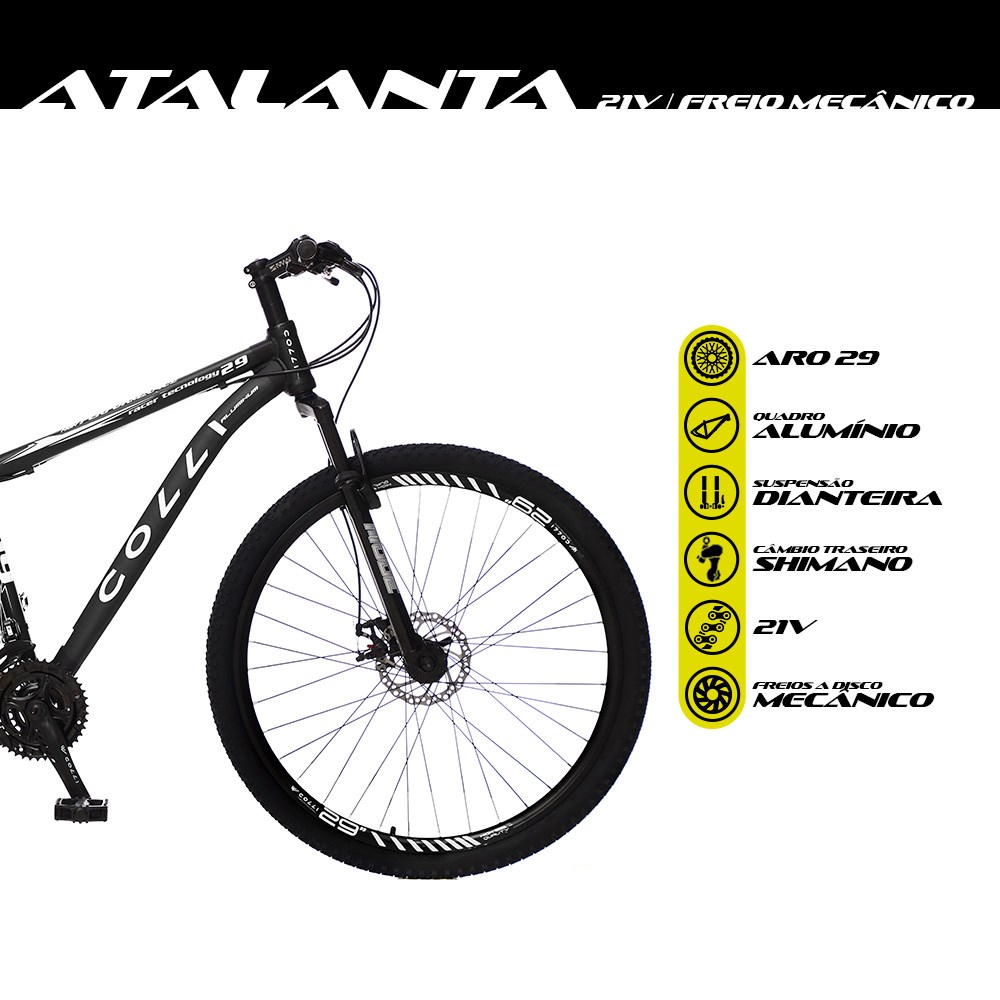 Bicicleta Atalanta Aro 29 Alumínio 21v Câmbio Traseiro Shimano Freio Mecânico Preto - Colli Bike
