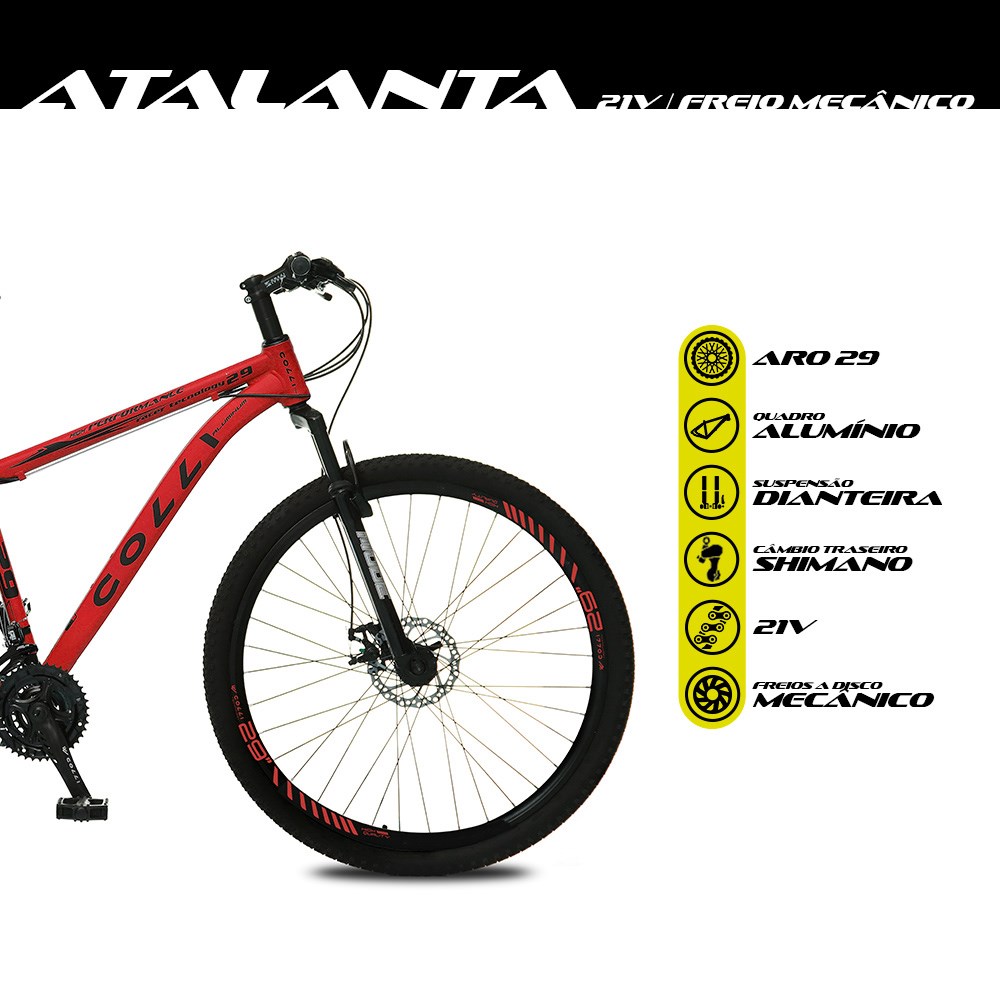 Bicicleta Atalanta Aro 29 Alumínio 21v Câmbio Traseiro Shimano Freio Mecânico Vermelho - Colli Bike