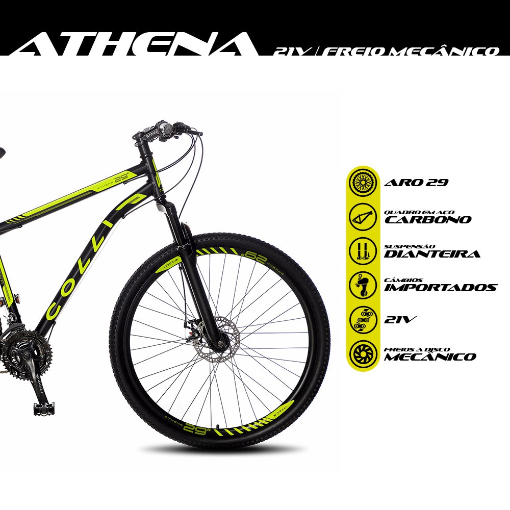 Bicicleta Athena Aro 29 Aço 21v Suspensão Dianteira Freio Mecânico Preto Amarelo Neon - Colli Bike