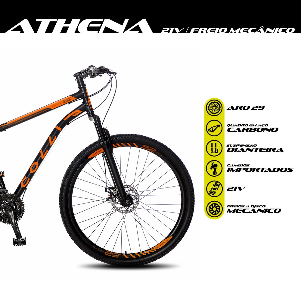 Bicicleta Athena Aro 29 Aço 21v Suspensão Dianteira Freio Mecânico Preto Laranja Neon - Colli Bike