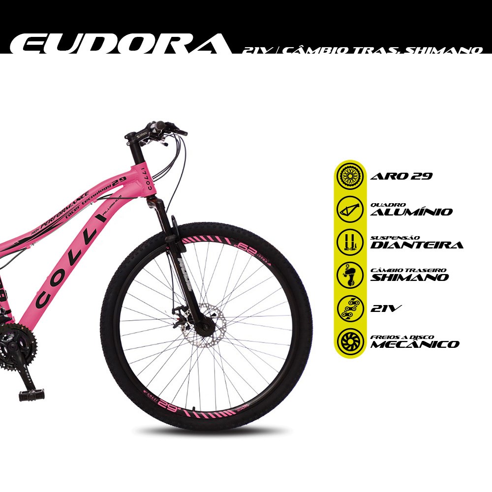 Bicicleta Euphora Aro 29 Alumínio 21v Câmbio Traseiro Shimano Freio Mecânico Rosa Neon - Colli Bike