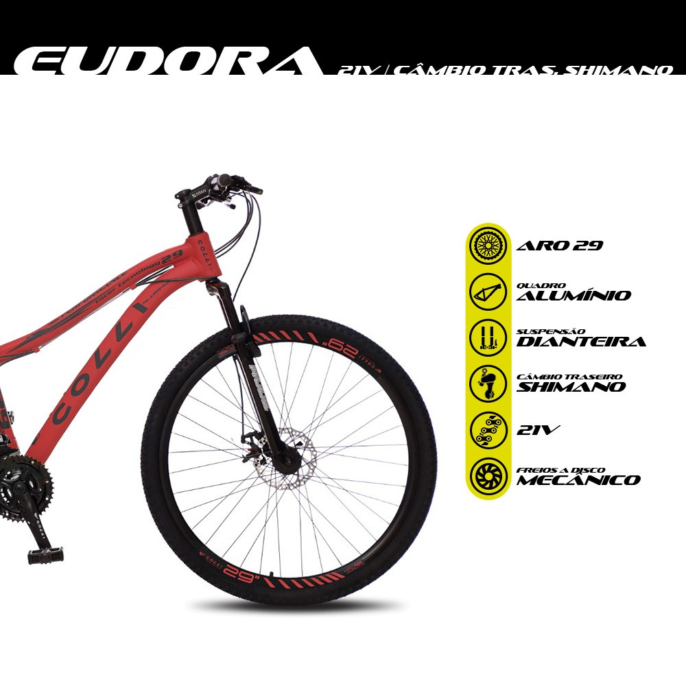 Bicicleta Euphora Aro 29 Alumínio 21v Câmbio Traseiro Shimano Freio Mecânico Vermelho - Colli Bike