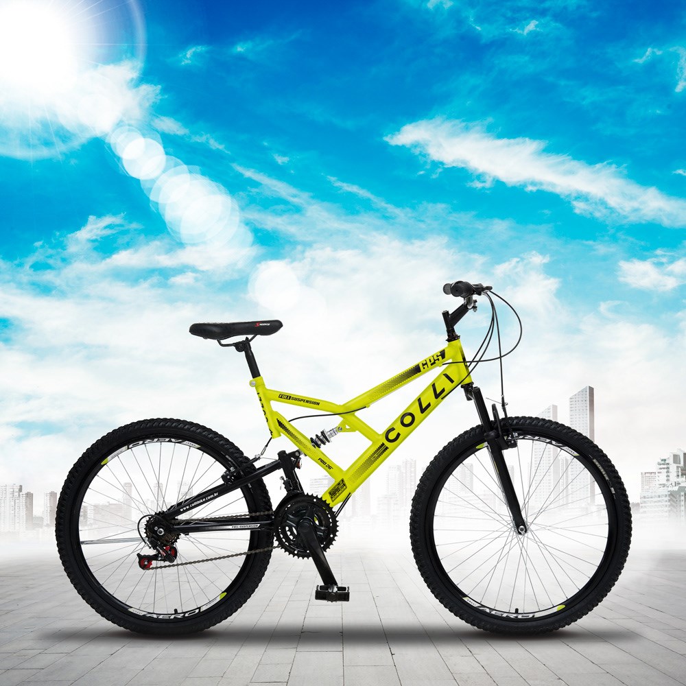 Bicicleta GPS Aro 26 Aço 21 Marchas Dupla Suspensão Freio V-Brake Amarelo Neon - Colli Bike