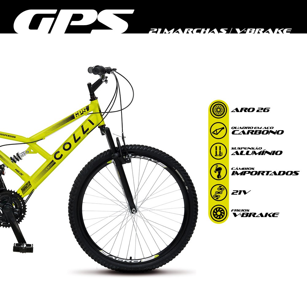 Bicicleta GPS Aro 26 Aço 21 Marchas Dupla Suspensão Freio V-Brake Amarelo Neon - Colli Bike