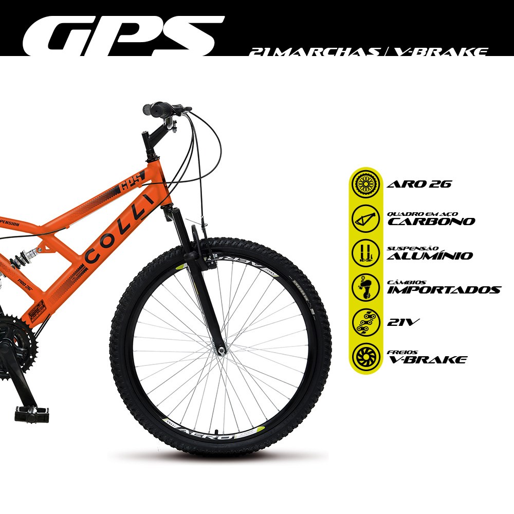 Bicicleta GPS Aro 26 Aço 21 Marchas Dupla Suspensão Freio V-Brake Laranja Neon - Colli Bike