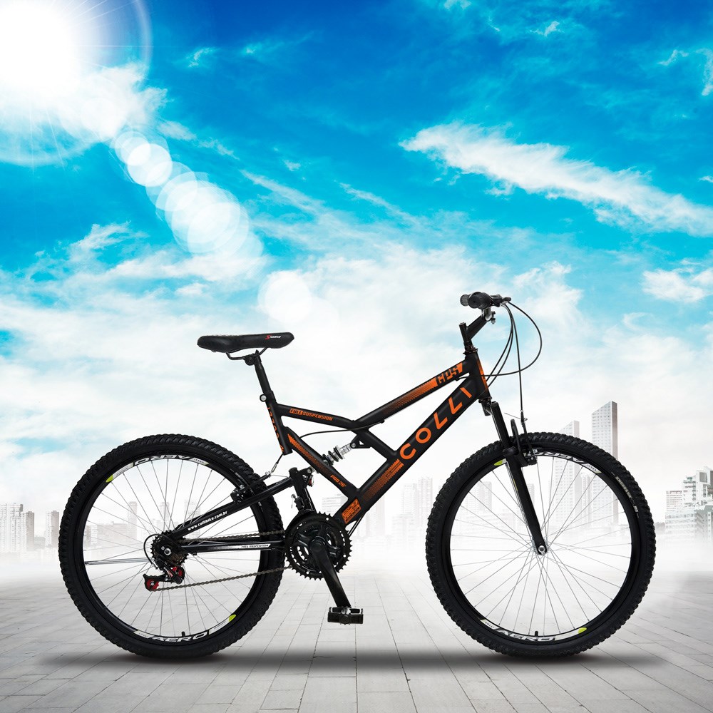 Bicicleta GPS Aro 26 Aço 21 Marchas Dupla Suspensão Freio V-Brake Preto Laranja - Colli Bike