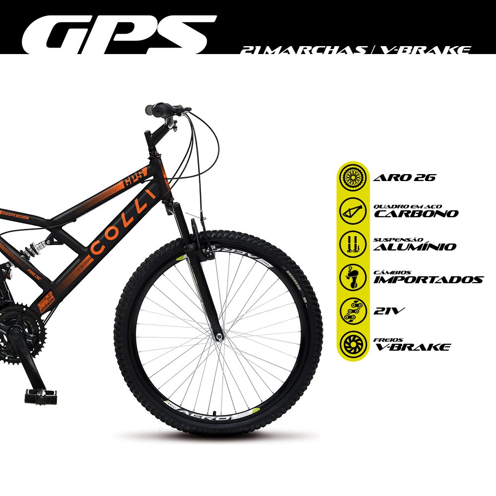 Bicicleta GPS Aro 26 Aço 21 Marchas Dupla Suspensão Freio V-Brake Preto Laranja - Colli Bike