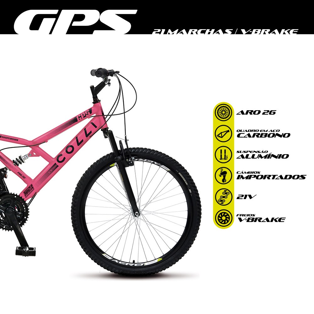 Bicicleta GPS Aro 26 Aço 21 Marchas Dupla Suspensão Freio V-Brake Rosa Neon - Colli Bike