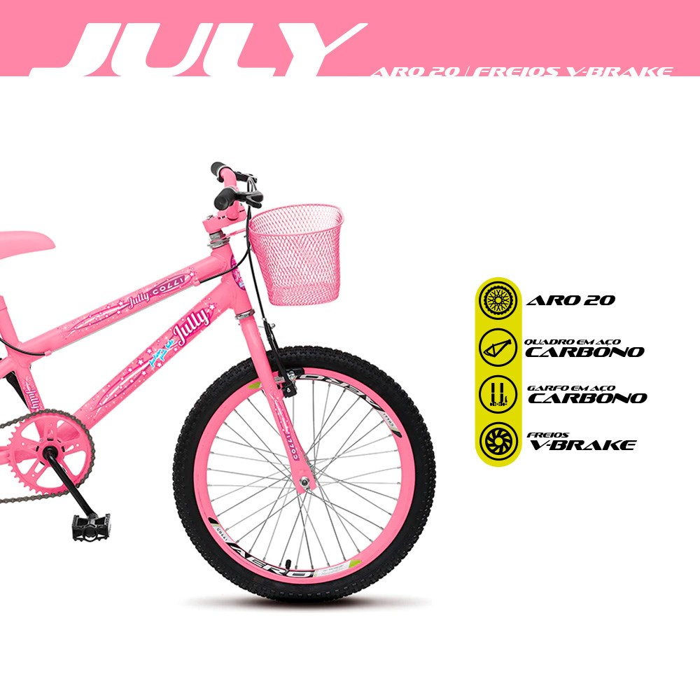 Bicicleta July Infantil Juvenil Aro 20 Aço com Cestinha e Freio V-Brake Rosa Neon - Colli Bike