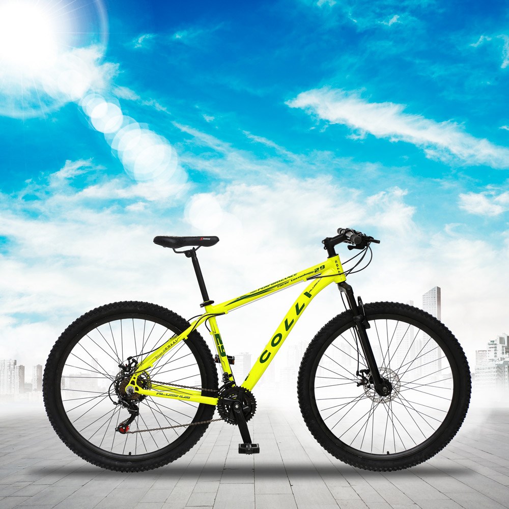 Bicicleta MTB Aro 29 Alumínio 21 Marchas Câmbios Shimano Freio Mecânico Amarelo Neon - Colli Bike