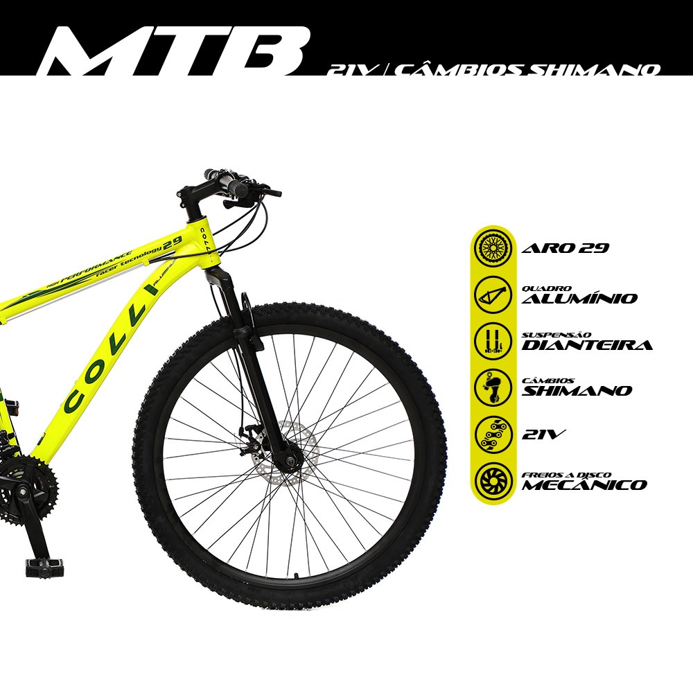 Bicicleta MTB Aro 29 Alumínio 21 Marchas Câmbios Shimano Freio Mecânico Amarelo Neon - Colli Bike