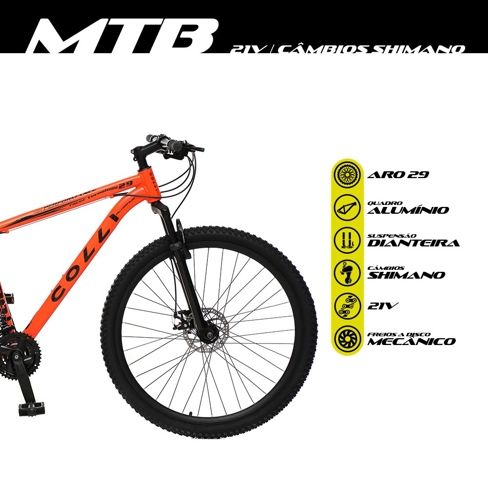 Bicicleta MTB Aro 29 Alumínio 21 Marchas Câmbios Shimano Freio Mecânico Laranja Neon - Colli Bike