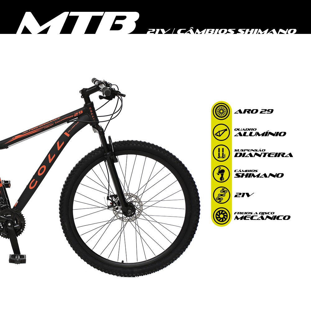 Bicicleta MTB Aro 29 Alumínio 21 Marchas Câmbios Shimano Freio Mecânico Preto Laranja - Colli Bike
