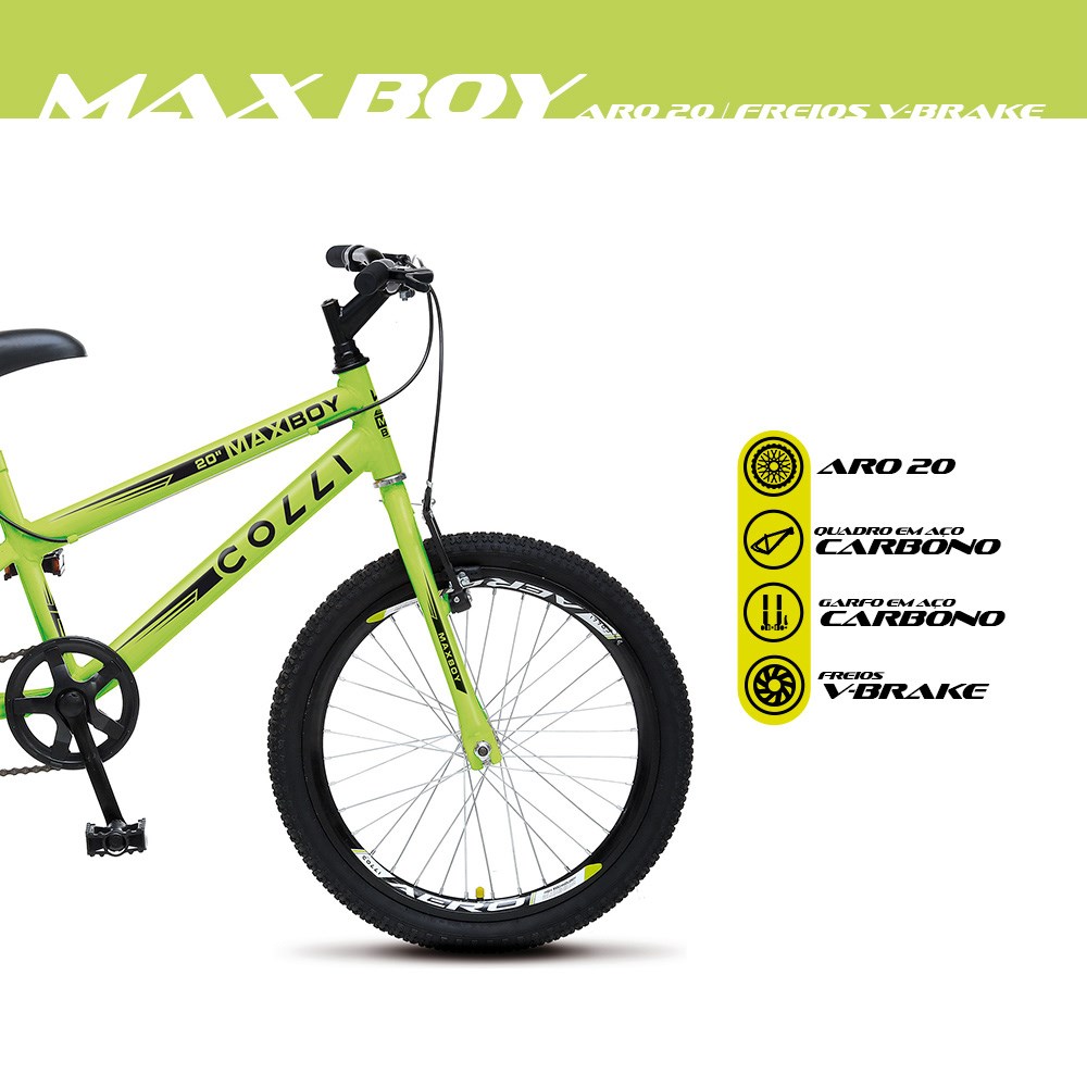 Bicicleta Max Boy Infantil Juvenil Aro 20 Aço Freio V-Brake Amarelo Neon - Colli Bike