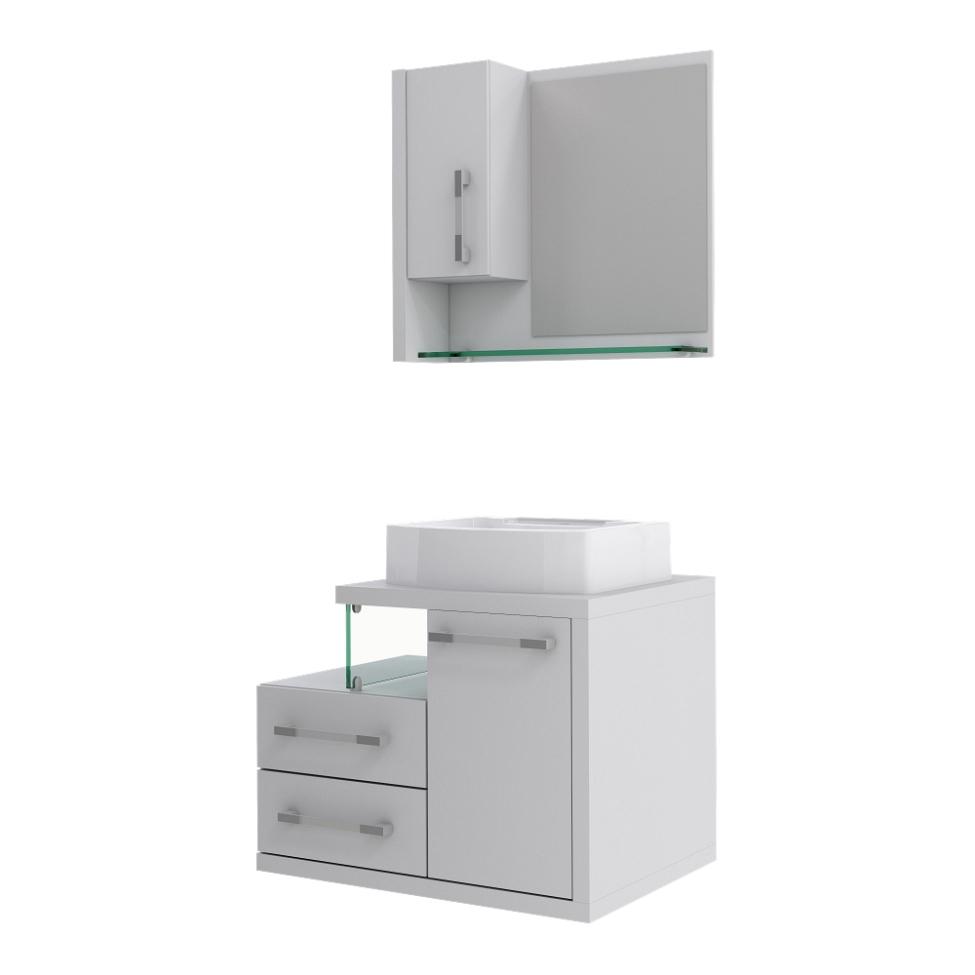 Conjunto de Gabinete de Banheiro com Cuba Aria 41 e Espelheira Wood 2 PT 2 GV Branco