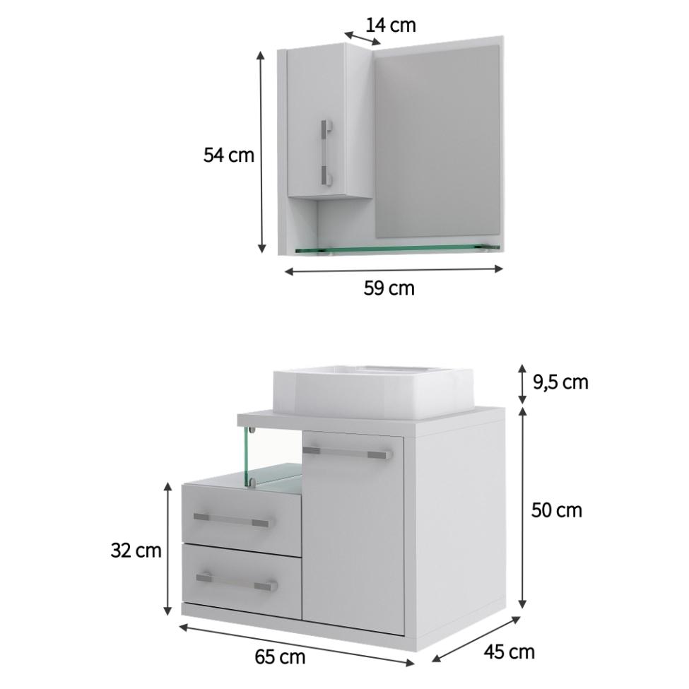 Conjunto de Gabinete de Banheiro com Cuba Aria 41 e Espelheira Wood 2 PT 2 GV Branco