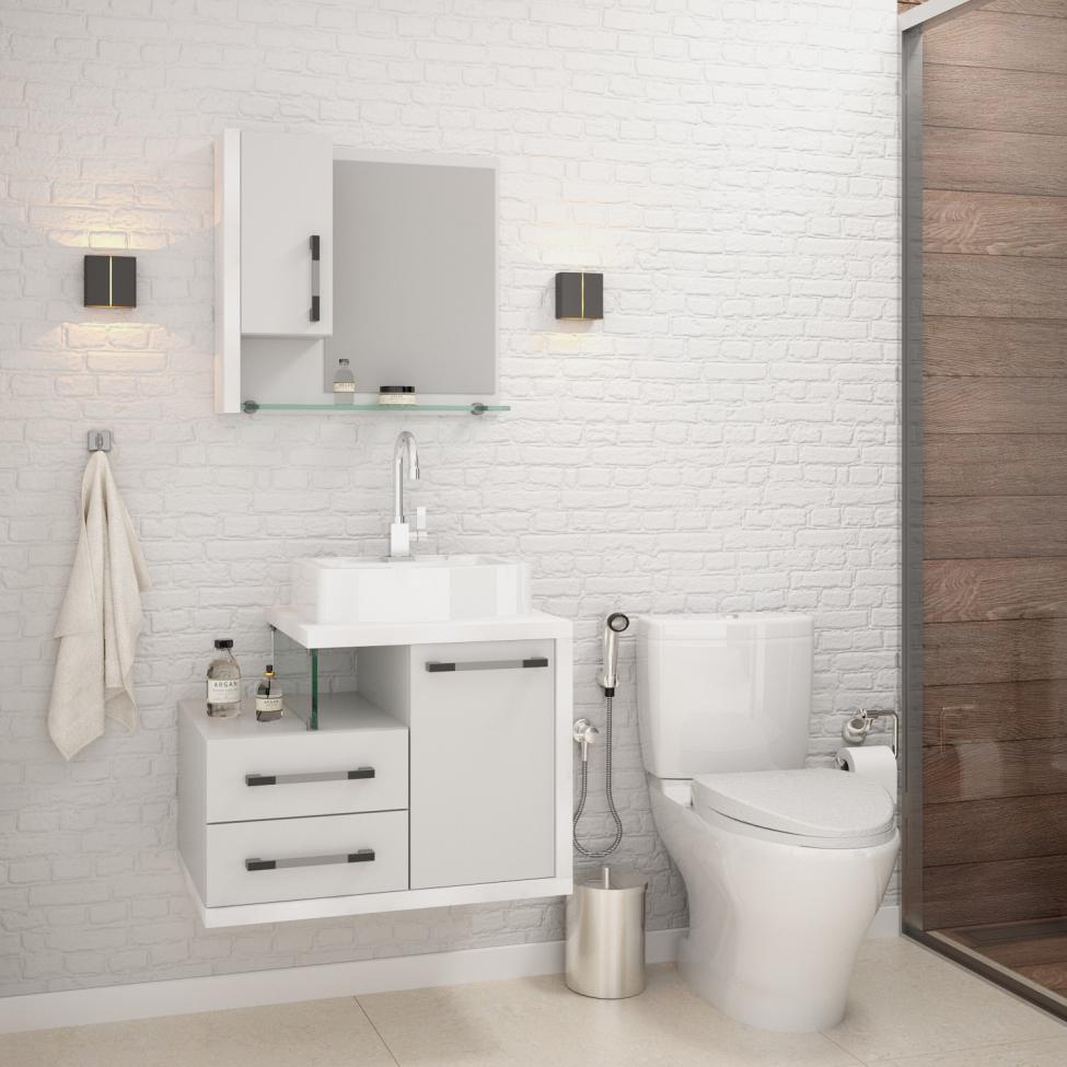Conjunto de Gabinete de Banheiro com Cuba Aria 41 e Espelheira Wood 2 PT 2 GV Branco