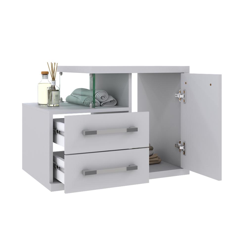 Conjunto de Gabinete de Banheiro com Cuba Aria 41 e Espelheira Wood 2 PT 2 GV Branco