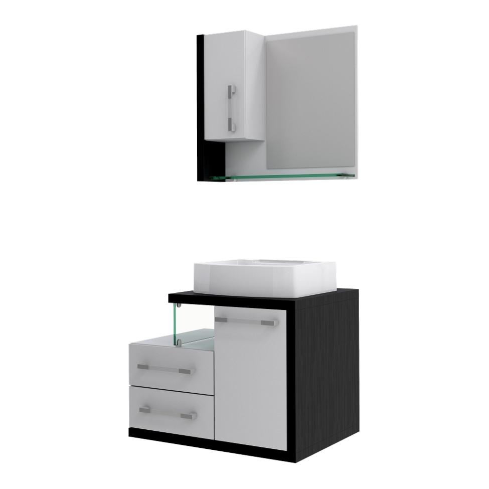 Conjunto de Gabinete de Banheiro com Cuba Aria 41 e Espelheira Wood 2 PT 2 GV Branco e Preto